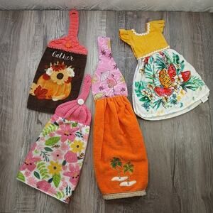 Handmade Hanging Dish Towels Crochet Terry Set of 4 Floral Tropical Pink Yellow